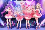  +_+ 4girls :d ;d absurdres aisha_landar audience blue_bow blue_eyes bow collared_dress demon_girl demon_tail dress elsword eve_(elsword) eyebrows_visible_through_hair facial_mark fang full_body glint glowstick hair_bow hand_on_hip hand_up hands_up heart highres idol jewelry laby_(elsword) light_particles long_hair looking_at_viewer luciela_r._sourcream mega_cake microphone multiple_girls one_eye_closed open_mouth orange_eyes outstretched_arm pink_bow pink_eyes pink_footwear pink_hair pointy_ears power_(lu_power) purple_bow purple_eyes purple_hair ring shadow sharp_teeth shoes silver_hair smile socks sparkle stage standing star_(symbol) tail teeth thigh_strap twintails two_side_up v very_long_hair white_legwear 