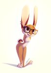  absurd_res anthro breasts brown_body brown_fur casual_nudity cider_(ciderbunart) ear_piercing eyewear featureless_breasts featureless_crotch female fur glasses hi_res lagomorph leporid long_ears mammal nervous_smile piercing pointedfox rabbit short_tail simple_background smile solo watermark 