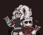  2girls alternate_costume armband blush chain chibi crop_top demon_girl demon_horns demon_tail fingerless_gloves frown gauntlets gloves helltaker highres horns judgement_(helltaker) justice_(helltaker) leigh-chan looking_at_another multiple_girls pointing signature sunglasses tail white_hair 