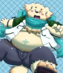  2017 absurd_res anthro belly blush bottomwear bulge canid canine canis clothing cu_sith_(tas) debudave_12 domestic_dog hi_res hoodie humanoid_hands kemono male mammal overweight overweight_anthro overweight_male pants solo tokyo_afterschool_summoners topwear video_games 