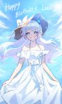  +_+ 1girl absurdres bare_shoulders blue_eyes blue_horns blue_sky bow collarbone day demon_girl demon_horns dress elsword grin happy_birthday hat hat_bow highres horns long_hair looking_at_viewer luciela_r._sourcream off-shoulder_dress off_shoulder outdoors pointy_ears power_(lu_power) sky smile solo teeth white_bow white_dress white_hair 