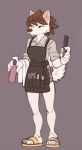  2020 anthro apron barber bottle brush canid canine canis clothing comb_(brush) domestic_dog female footwear hairbrush korean_jindo landlord_(wick) mammal sandals siden solo spitz wick_(artist) 