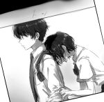  1boy 1girl aldnoah.zero amifumi_inko black_hair blurry bow bowtie depth_of_field expressionless greyscale hand_on_another&#039;s_arm hetero hidden_eyes holster kaizuka_inaho military military_uniform monochrome necktie photo school_uniform shokupa_(skp300) short_hair uniform 