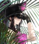  1girl black_gloves black_hair breasts dappled_sunlight day fate/grand_order fate_(series) from_side gloves hand_on_headwear hand_up hat hat_over_one_eye kdm_(ke_dama) long_hair looking_at_viewer multicolored_hair one_eye_covered palm_leaf parted_lips peaked_cap pink_hair ponytail puckered_lips sesshouin_kiara sesshouin_kiara_(swimsuit_mooncancer)_(fate) sideways_glance solo streaked_hair sunlight upper_body white_background yellow_eyes 