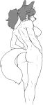  absurd_res anthro breasts butt canid canine female fluffy fluffy_tail fur hair hi_res mammal nude pgm300 ponytail portrait rear_view simple_background sketch solo three-quarter_portrait white_background 