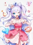  +_+ :d ;d absurdres bangs blue_eyes cake demon_girl demon_tail doughnut dress elsword eyebrows_visible_through_hair fangs food fruit glint hair_between_eyes heart highres idol korean_text long_hair long_sleeves looking_at_viewer luciela_r._sourcream macaron mega_cake microphone one_eye_closed open_mouth pointy_ears power_(lu_power) purple_hair simple_background smile sparkle sprinkles strawberry tail teeth two_side_up very_long_hair white_background 