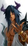  1boy abs armor bare_chest blue_hair bracelet collarbone dark_skin dark_skinned_male demon_boy fingernails gold hair_over_one_eye highres horns jewelry long_hair male_focus muscle omagacchu original pauldrons purple_horns red_eyes shoulder_armor signature single_pauldron smile solo twitter_username upper_body 