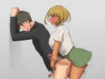  1boy 1girl against_wall anal bar_censor blonde_hair blush breasts censored closed_eyes dark_skin from_side futa_with_male futanari gyaru hidoracon highres huge_penis huge_testicles interracial kogal large_breasts nose_blush open_mouth original penis rolling_eyes school_uniform sex sex_from_behind shirt short_hair speed_lines standing standing_sex sweat testicles tongue tongue_out white_shirt x-ray yellow_eyes 