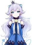  1girl absurdres arms_behind_back bare_shoulders blue_eyes blush bow closed_mouth crown dated demon_tail detached_sleeves elsword happy_birthday highres lu mini_crown pointy_ears power_(lu_power) purple_hair simple_background smile solo sparkling_eyes tail white_background white_bow 