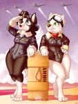  2020 aircraft airplane anthro blue_eyes bomber_jacket canid canine canis clothing domestic_dog duo female gesture green_eyes hi_res jacket leotard mammal salute siden topwear war wick_(artist) 