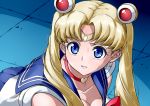  1girl ariina_(shiokeidanshi) bangs bishoujo_senshi_sailor_moon blonde_hair blue_eyes blue_sailor_collar breasts choker circlet cleavage clenched_teeth collarbone commentary_request crescent crescent_earrings derivative_work earrings hair_over_shoulder heart heart_choker jewelry large_breasts long_hair looking_at_viewer red_choker sailor_collar sailor_moon sailor_moon_redraw_challenge sailor_senshi_uniform screencap_redraw solo sweatdrop teeth tsukino_usagi twintails 