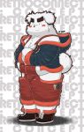  2017 absurd_res anthro belly blush bottomwear bulge canid canine canis clothing debudave_12 domestic_dog fur hi_res hoodie kemono male mammal overweight overweight_anthro overweight_male pants solo text topwear white_body white_fur 