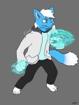  2020 absurd_res anthro beans blue_body blue_fur bottomwear clothing domestic_cat eminto felid feline felis fighting_pose flat_background fur hi_res hoodie kenzo_(character) male mammal pants paws pose shirt signature solo sweater t-shirt topwear 