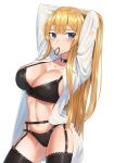  1girl absurdres arms_up bangs black_bra black_legwear black_panties blonde_hair blue_eyes blush bra breasts cleavage collarbone garter_belt goback hair_tie hair_tie_in_mouth highres holding holding_hair long_hair looking_at_viewer mouth_hold navel open_clothes original panties simple_background solo stomach thighs tying_hair underwear white_background 