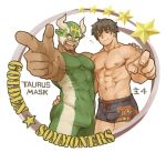  2boys bara black_hair bobfosse bulge character_request chest facial_hair goatee green_eyes horned_mask looking_at_viewer male_focus manly multiple_boys muscle nipples pointing pointing_at_viewer short_hair taurus_mask thick_thighs thighs tight tokyo_houkago_summoners wrestling_outfit 