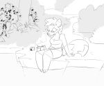  animated anthro beverage_can blep female flikcrow jesse_(ciderward) kick looking_down mammal monochrome procyonid raccoon sitting solo tongue tongue_out tree water 