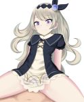  1boy 1girl blonde_hair blush closed_mouth clothed_sex cowgirl_position dragalia_lost eyebrows_visible_through_hair femdom frills highres implied_sex lathna long_hair navel puffy_sleeves purple_eyes rape renetan simple_background straddling white_background 