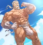  1boy abs bandages bara bare_chest beard bulge chest cloud cloudy_sky collarbone facial_hair feet_out_of_frame fundoshi granblue_fantasy grey_hair grin japanese_clothes large_penis male_focus manly muscle mustache navel nipples outdoors penis rybiokaoru scar sky smile solo soriz thick_thighs thighs tied_hair torn_clothes 