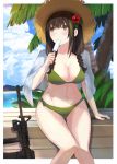  1girl asakiri_koko assault_rifle bangs bikini blush breasts brown_eyes brown_hair commentary_request eyebrows_visible_through_hair flower food girls_frontline green_bikini gun hair_flower hair_ornament highres large_breasts m4_carbine m4a1_(girls_frontline) mountain multicolored_hair popsicle rifle solo streaked_hair swimsuit tree weapon 