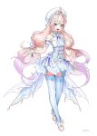  +_+ 1girl :d absurdres armband bare_shoulders blonde_hair blue_eyes center_frills corset crossed_legs dress elsword eyebrows_visible_through_hair flat_chest frills full_body gradient_hair highres long_hair looking_at_viewer low_twintails luciela_r._sourcream multicolored_hair open_mouth pointy_ears power_(lu_power) purple_hair simple_background sleeveless sleeveless_dress smile solo thighhighs twintails two-tone_hair very_long_hair watson_cross white_background white_dress white_footwear zettai_ryouiki 