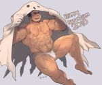  1boy 2018 abs bara bare_chest briefs bulge chest chest_hair english_text facial_hair full_body ghost_costume goatee halloween_costume highres laughing male_focus manly muscle navel navel_hair nipples original rybiokaoru short_hair sideburns solo thick_thighs thighs underwear 