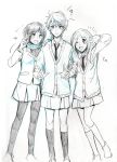  1boy 2girls :d ;d aki_(neyuki41028) aldnoah.zero alternate_costume amifumi_inko blush cardigan crossdressing double_v graphite_(medium) hand_on_another&#039;s_shoulder hatching_(texture) locked_arms long_hair monochrome multiple_girls necktie nina_klein one_eye_closed open_mouth pantyhose pleated_skirt scarf school_uniform short_hair skirt slaine_troyard smile traditional_media twintails v 