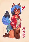  &lt;3 2020 anthro barefoot black_body black_fur black_hair blue_body blue_eyes blue_hair blush bottomwear brand_new_animal breasts brown_body brown_fur canid canine clothed clothing female fluffy fluffy_tail fur hair hi_res jacket kneeling looking_at_viewer mammal michiru_kagemori multicolored_body multicolored_fur multicolored_hair open_mouth ping-ether raccoon_dog shorts studio_trigger tanuki topwear 