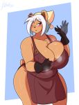  anthro big_breasts blush bodily_fluids breasts chest_tuft cleavage clothed clothing female hair huge_breasts jwinkz mammal miris_ursajor one_eye_closed solo soulblader sweat tuft ursid white_hair 