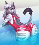  absurd_res anthro arm_support bedroom_eyes big_butt breasts butt butt_focus clothed clothing equid equine female hi_res leaning leaning_forward looking_at_viewer looking_back mammal narrowed_eyes nylonlyon one-piece_swimsuit partially_submerged presenting presenting_hindquarters red_clothing seductive smile solo striped_body stripes swimming_pool swimwear thick_thighs three-quarter_view water wet wet_body wet_clothing zebra 