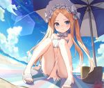  1girl abigail_williams_(fate/grand_order) abigail_williams_(swimsuit_foreigner)_(fate) absurdres bangs bare_shoulders basket beach beach_umbrella bikini bird blonde_hair blue_eyes blue_sky blush bonnet bow breasts closed_mouth crab fate/grand_order fate_(series) forehead hair_bow highres knees_up lens_flare long_hair looking_at_viewer miniskirt nam navel parted_bangs sandals seagull shore sidelocks sitting skirt sky small_breasts sunlight swimsuit twintails umbrella very_long_hair white_bikini white_bow white_headwear 
