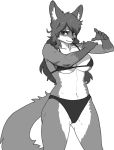  2020 5_fingers anthro bikini breasts canid canine clothed clothing female fingers fluffy fluffy_tail hair hi_res long_hair looking_at_viewer mammal monochrome navel pgm300 portrait smile swimwear three-quarter_portrait 
