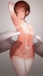  1girl angel angel_wings arm_up armpits banicha blue_eyes blush brown_hair closed_mouth dark_skin feathered_wings gradient gradient_background low_wings navel original revealing_clothes short_hair smile solo tan white_legwear wings 