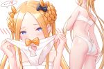  1girl abigail_williams_(fate/grand_order) abigail_williams_(swimsuit_foreigner)_(fate) ass back bangs bare_shoulders bikini black_bow blonde_hair blue_eyes blush bow braid braided_bun breasts double_bun fate/grand_order fate_(series) forehead keyhole long_hair looking_at_viewer multiple_bows multiple_views orange_bow parted_bangs sidelocks simple_background small_breasts sogdin swimsuit thighs twintails very_long_hair white_background white_bikini 