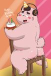  2016 absurd_res anthro balls belly birthday_cake blush butt cake canid canine canis chair clothing debudave_12 domestic_dog food furniture genitals hat headgear headphones headwear hi_res kemono male mammal overweight overweight_anthro overweight_male party_hat sitting solo young 