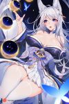  1girl animal_ear_fluff animal_ears azur_lane bangs bare_shoulders blue_butterfly blue_eyes blue_kimono blush breasts cleavage collarbone constellation fox_ears fox_girl japanese_clothes kimono kitsune large_breasts long_hair long_sleeves moon_phases multiple_tails nanoless obi off-shoulder_kimono open_mouth sash shinano_(azur_lane) silver_hair skirt tail thighhighs thighs white_legwear white_skirt white_tail wide_sleeves 