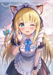  1girl akabane_(zebrasmise) animal_ears apron bent_over blonde_hair blue_eyes blurry blurry_background blush cat_ears cat_tail classroom commentary_request looking_at_viewer maid maid_headdress mononobe_alice nijisanji one_eye_closed ribbon solo tail tail_ribbon virtual_youtuber 