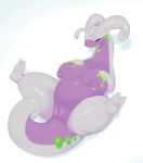  2020 2_fingers 2_toes absurd_res antennae_(anatomy) anthro areola belly big_breasts blush breasts curled_tail dripping eyes_closed female fingers full-length_portrait genitals goodra hand_on_breast hi_res huge_breasts inverted_nipples long_neck lying moba_(artist) multicolored_body nintendo nipples nude on_back pok&eacute;mon pok&eacute;mon_(species) portrait purple_body pussy slime solo spread_legs spreading thick_thighs toes two_tone_body video_games white_body 