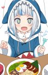  1girl :d bangs blue_eyes blue_hair blue_hoodie commentary drawstring egg english_commentary eyebrows_visible_through_hair food gawr_gura heart highres hitsukuya holding hololive hololive_english hood hood_up hoodie long_sleeves multicolored_hair noodles open_mouth plate polearm ramen shark_hood sharp_teeth signature silver_hair sleeves_past_wrists smile solo streaked_hair teeth trident v-shaped_eyebrows virtual_youtuber weapon wide_sleeves 