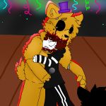  2015 animatronic anthro bite black_clothing black_eyes blood bodily_fluids child clothing death five_nights_at_freddy&#039;s five_nights_at_freddy&#039;s_4 fredbear_(fnaf) fur gore grey_eyes hair hat headgear headwear hi_res human humanoid machine male mammal microphone red_hair robot scurryy stripes ursid ursine video_games white_stripes yellow_body yellow_fur young 