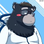  2017 anthro black_body black_fur blush clothing debudave_12 eyewear fur glasses hi_res hoodie kemono male mammal portrait simple_background slightly_chubby solo text topwear ursid 