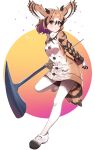  1girl absurdres bangs bird_tail brown_coat brown_eyes brown_hair closed_mouth coat commentary_request eurasian_eagle_owl_(kemono_friends) eyebrows_visible_through_hair frown full_body fur_collar head_wings highres holding kemono_friends long_sleeves looking_at_viewer mary_janes multicolored_hair pantyhose shoes short_hair solo sparkle staff standing standing_on_one_leg takom white_background white_footwear white_hair white_legwear 