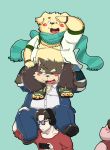  2017 absurd_res anthro blush canid canine canis carrying cellphone clothing cu_sith_(tas) debudave_12 domestic_dog duo hi_res hoodie human kemono male mammal moritaka overweight overweight_male phone scarf simple_background sitting smartphone tokyo_afterschool_summoners topwear video_games 