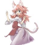  5_fingers anthro black_nose blue_eyes breasts brown_body brown_fur brown_hair clothed clothing domestic_cat dress ear_piercing felid feline felis female fingers fur gundam gundam_build_divers_re:rise hair hi_res inner_ear_fluff jewelry kemono lamylanmc maiya_(gundam_build_divers_re:rise) mammal open_mouth piercing simple_background smile tuft white_background 