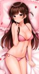  1girl bare_arms bare_shoulders bed_sheet bikini blush breasts brown_eyes brown_hair cleavage closed_mouth collarbone dakimakura hand_up highres kanojo_okarishimasu long_hair looking_at_viewer lying medium_breasts mizuhara_chizuru navel nose_blush on_back one_side_up petals pillow pink_bikini shouu-kun side-tie_bikini solo stomach string_bikini swimsuit thighs 