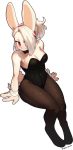  4_fingers anthro bow_tie breasts bunny_costume clothing costume female fingers fishnet fishnet_legwear hair hair_over_eye hi_res lagomorph legwear mammal one_eye_obstructed pgm300 pink_nose red_eyes simple_background sitting smile solo white_background white_hair 