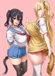 2girls asanagi ass bangs black_hair black_legwear blonde_hair blue_eyes blush breasts cat_tail cleavage commentary_request eyebrows_visible_through_hair fang hair_between_eyes highres holding_hands huge_breasts long_hair looking_at_viewer looking_back multiple_girls neckerchief open_mouth original pink_background pleated_skirt school_uniform scrunchie serafuku shirt short_sleeves side_ponytail simple_background skindentation skirt smile standing sweater_vest tail thighhighs thighs twintails white_legwear zettai_ryouiki 