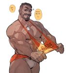  1boy abs bara bare_chest beard briefs bulge character_name chest chest_hair cowboy_shot dark_skin dark_skinned_male english_text facial_hair hairy highres jewelry leg_hair male_focus male_pubic_hair manly muscle necklace nipples overwatch pubic_hair reaper_(overwatch) rybiokaoru shirt_pull short_hair smirk solo speech_bubble thick_thighs thighs underwear white_background 