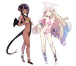  2girls ;) absurdres ahoge angel_and_devil ass_visible_through_thighs bangs black_footwear black_hair blonde_hair blue_eyes blush borrowed_character breast_hold breasts closed_mouth collarbone covered_navel curly_hair dark_skin demon_wings dragon_tail flat_chest forked_tail full_body gloves halo hand_on_hip hand_up happy heart heart_in_eye heel_up highres horns light_blush long_hair looking_at_viewer multicolored multicolored_eyes multiple_girls naked_ribbon nipples one_eye_closed oni_horns open_mouth original otomo pink_eyes pink_gloves pink_ribbon pointy_ears purple_eyes revealing_clothes ribbon shoes short_hair_with_long_locks simple_background skin-covered_horns small_breasts smile standing swept_bangs symbol_in_eye tail white_background white_footwear wings yellow_eyes yellow_gloves 