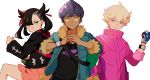  1girl 2boys ahoge asymmetrical_bangs bangs bede_(pokemon) black_hair black_jacket blonde_hair closed_mouth commentary_request curly_hair dark_skin dark_skinned_male dusk_ball fur-trimmed_jacket fur_trim great_ball hair_ribbon highres hinata_(h_in_ryo2639) holding holding_poke_ball hop_(pokemon) jacket long_sleeves looking_at_viewer marnie_(pokemon) multiple_boys poke_ball poke_ball_(basic) pokemon pokemon_(game) pokemon_swsh popped_collar purple_eyes purple_hair red_ribbon ribbon shirt smile white_background yellow_eyes 