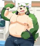  2020 absurd_res anthro bandanna belly biceps bodily_fluids canid canine canis domestic_dog flexing fur green_body green_fur headphones hi_res kerchief kuroamekemo live-a-hero male mammal mokdai musclegut muscular muscular_anthro muscular_male navel nipples overweight overweight_anthro overweight_male solo sweat video_games 